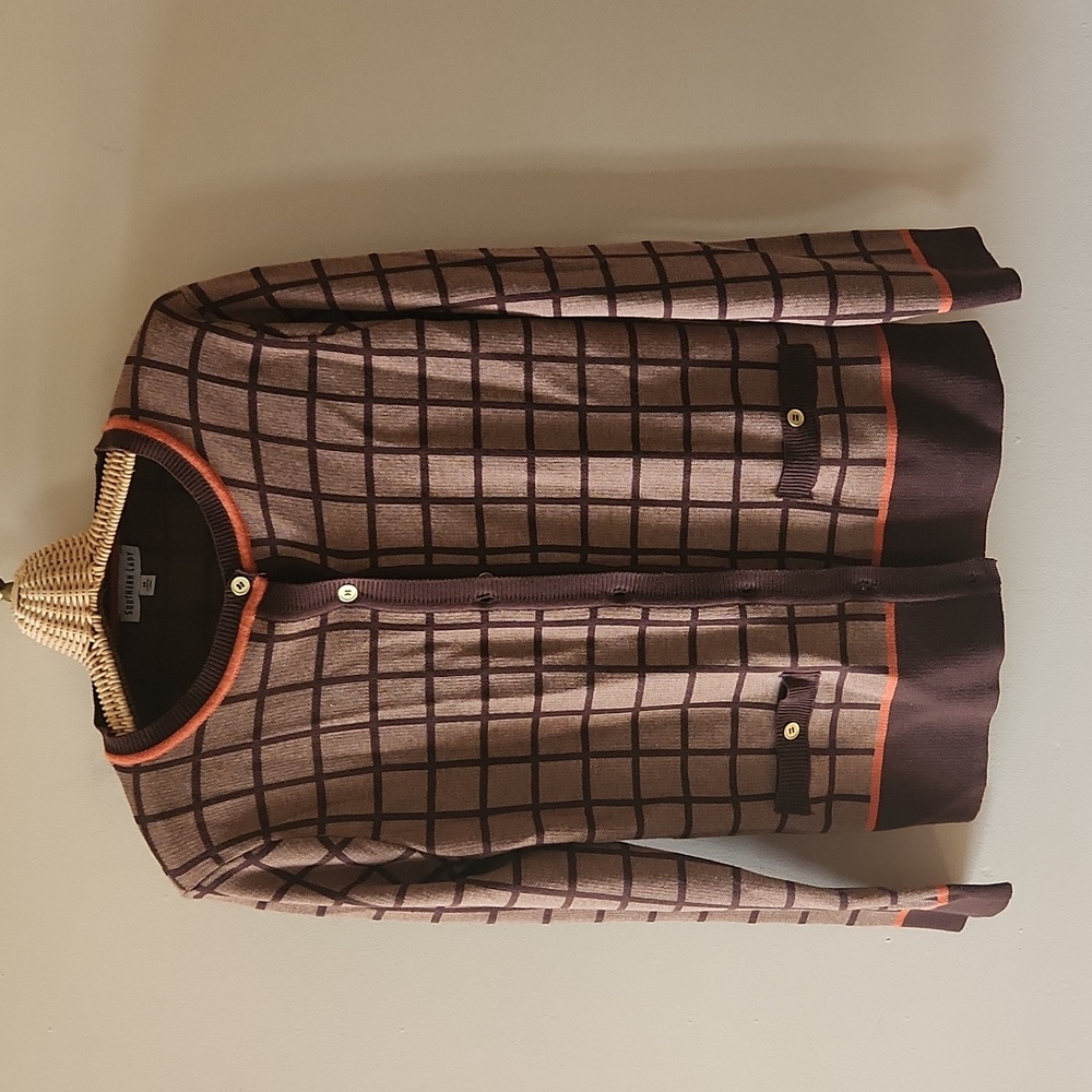 Southern lady brown and orange plaid button-down cardigan size medium